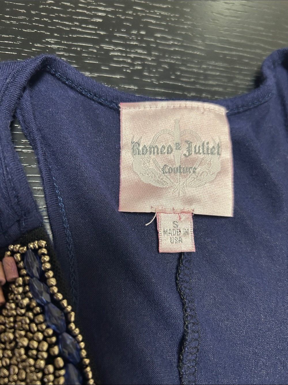 Romeo & Juliet Couture Navy Maxi Dress with Multicolor Beaded V-Neck - Picture 9 of 14